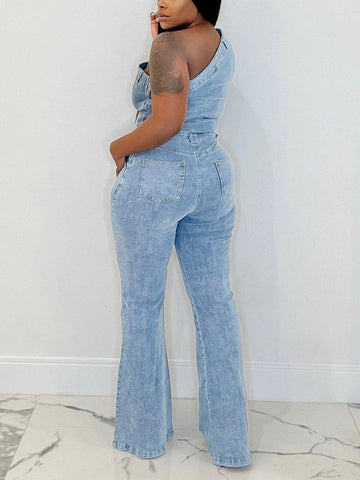 One Shoulder Denim Jumpsuits