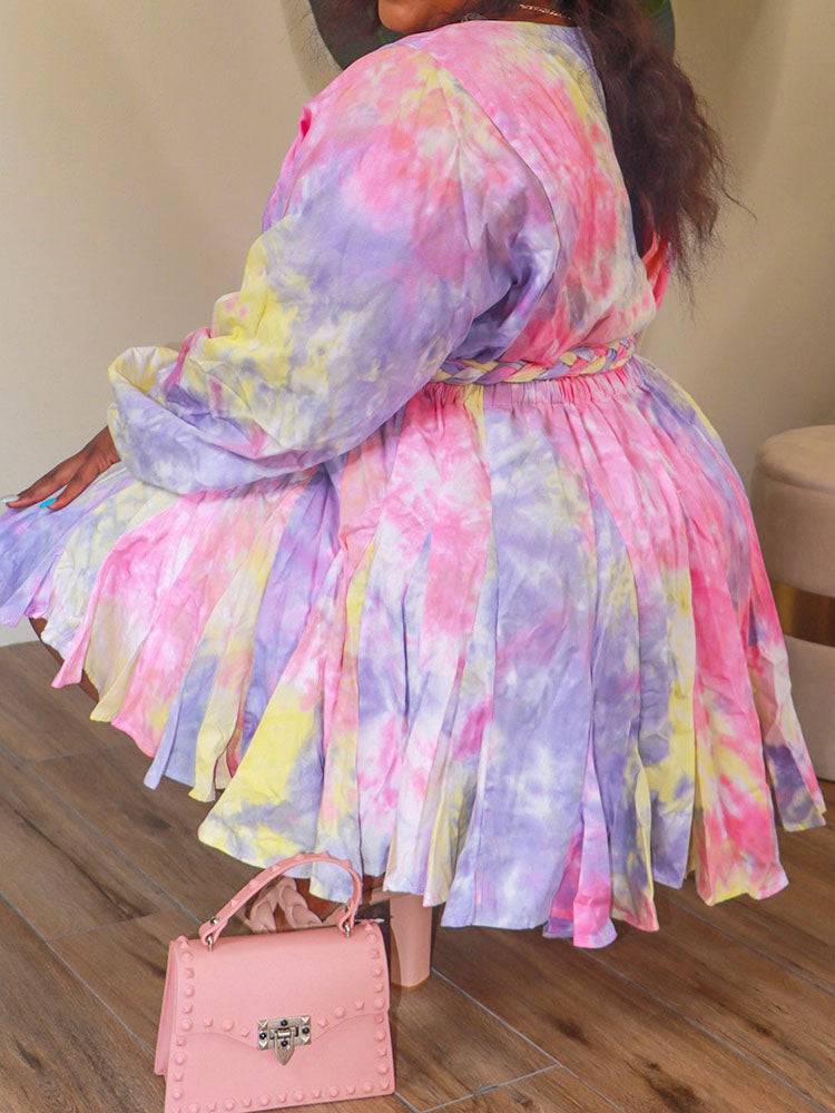 Tie Dye With Belt V Neck Dresses