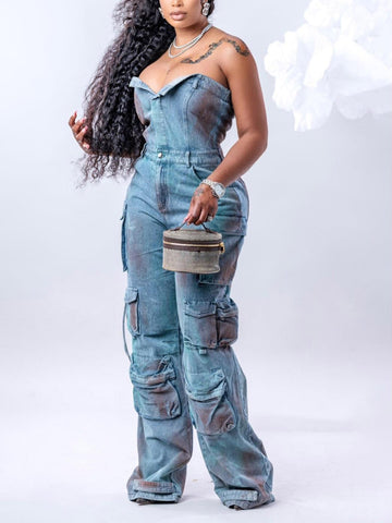 Denim Strapless Cargo Jumpsuits
