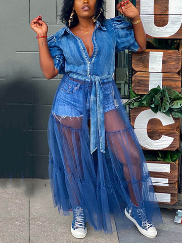 Denim Mesh Tulle Tops