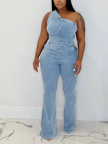 One Shoulder Denim Jumpsuits