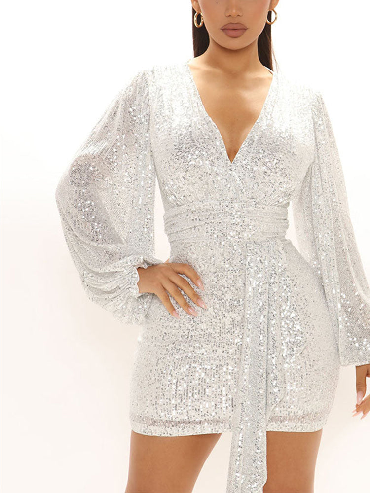 Lantern Sleeves Sequin Party Dresses