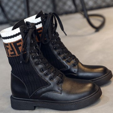 Knit Patchwork Lace-up Combat Boots