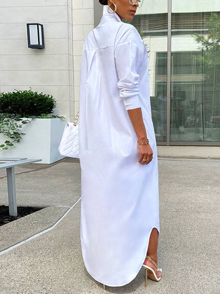 Solid Button Split Shirt Dresses
