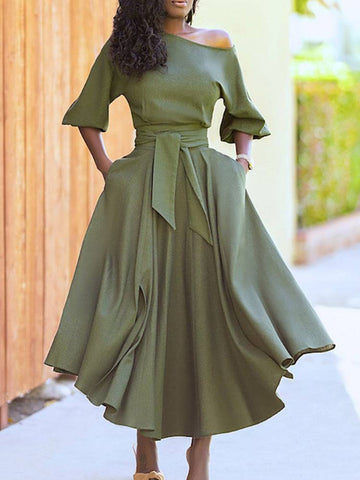 Oblique Neckline Half Sleeve Maxi Dresses