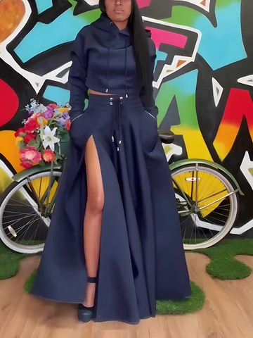 Crop Hoodie Slit Skirt Set
