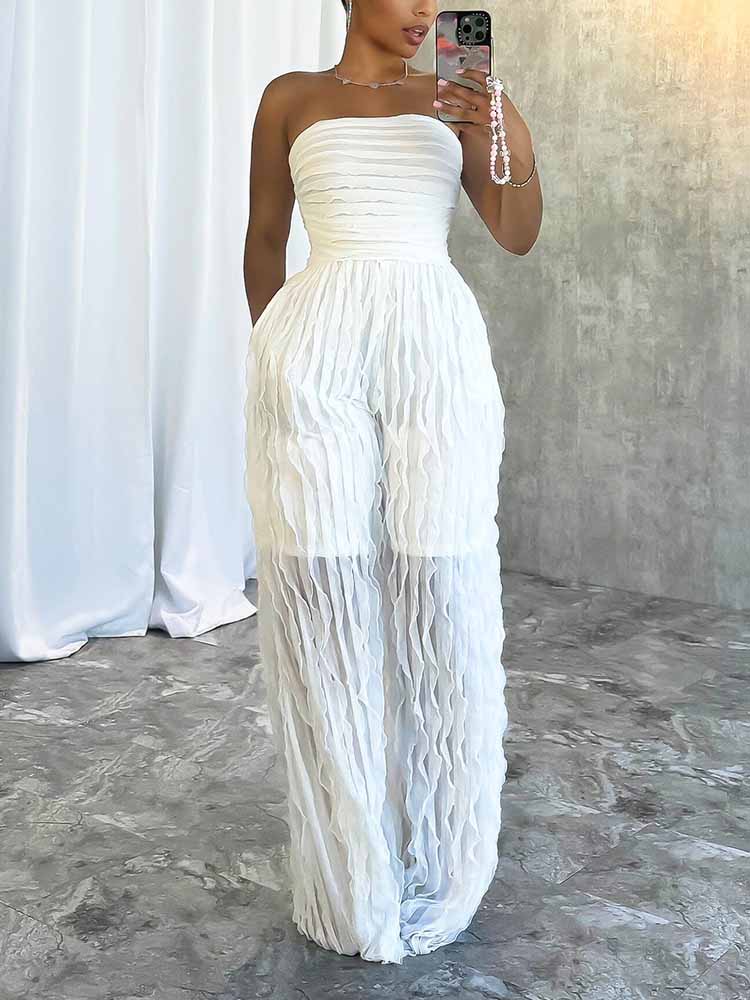 Strapless Sheer Ruffle Jumpsuits