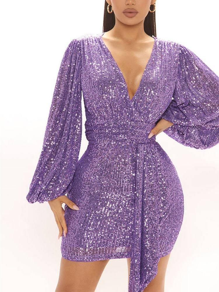 Lantern Sleeves Sequin Party Dresses