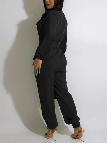 V Neck Long Sleeve Solid Jumpsuits