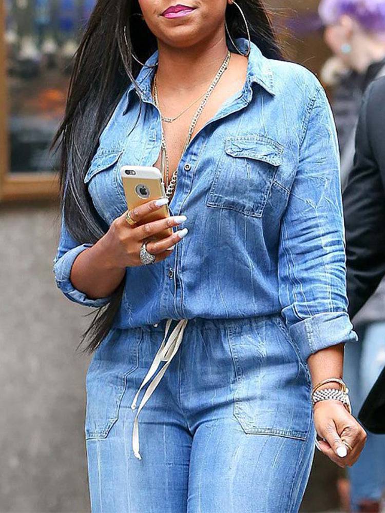 Denim Turndown Collar Jumpsuits