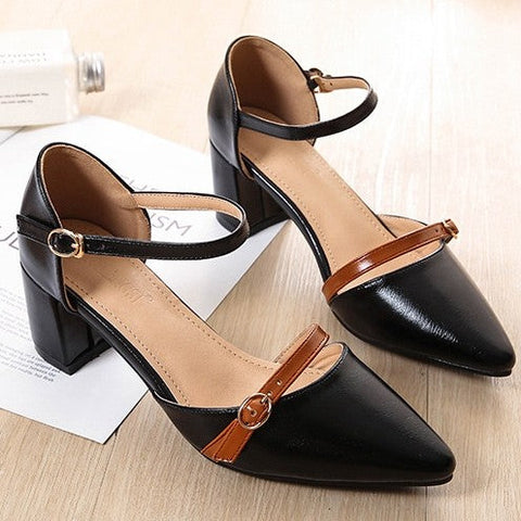 Pointed Cap-toe Pump Shoes Ankle Strap Heels