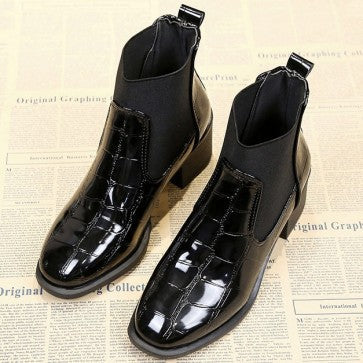 Patent Leather Chunky Heels Ankle Boots