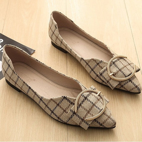 Decor Metal Plaid Flat Heel Closed-toe Shoes