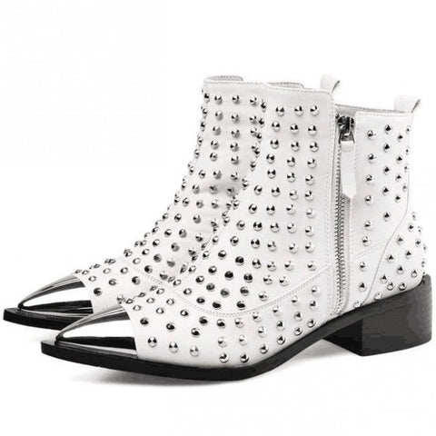 Pointed Toe Chunky Heel Rivet Short Boots With Zipper