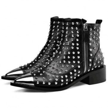 Pointed Toe Chunky Heel Rivet Short Boots With Zipper