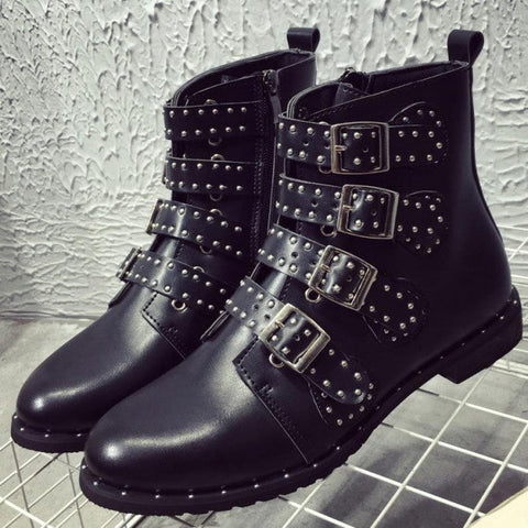Rivet Ankle Boots With Metal Buckles