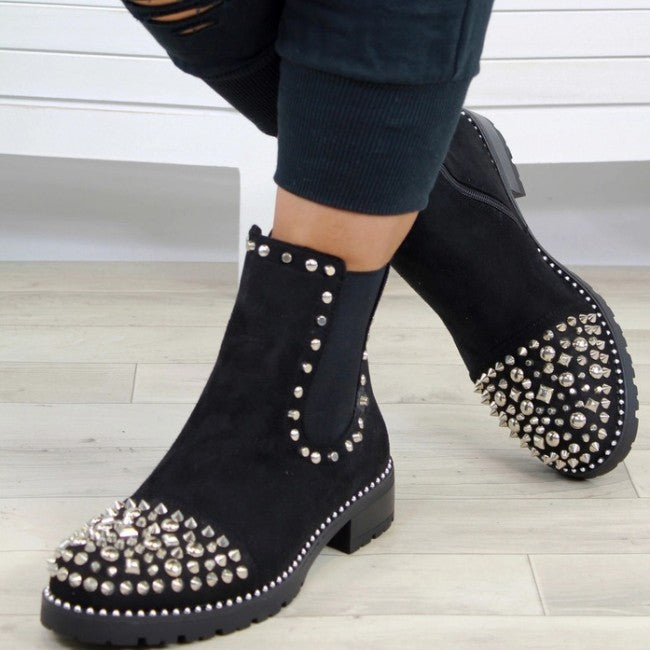 Round Toe Zipper Ankle Boots With Rivets