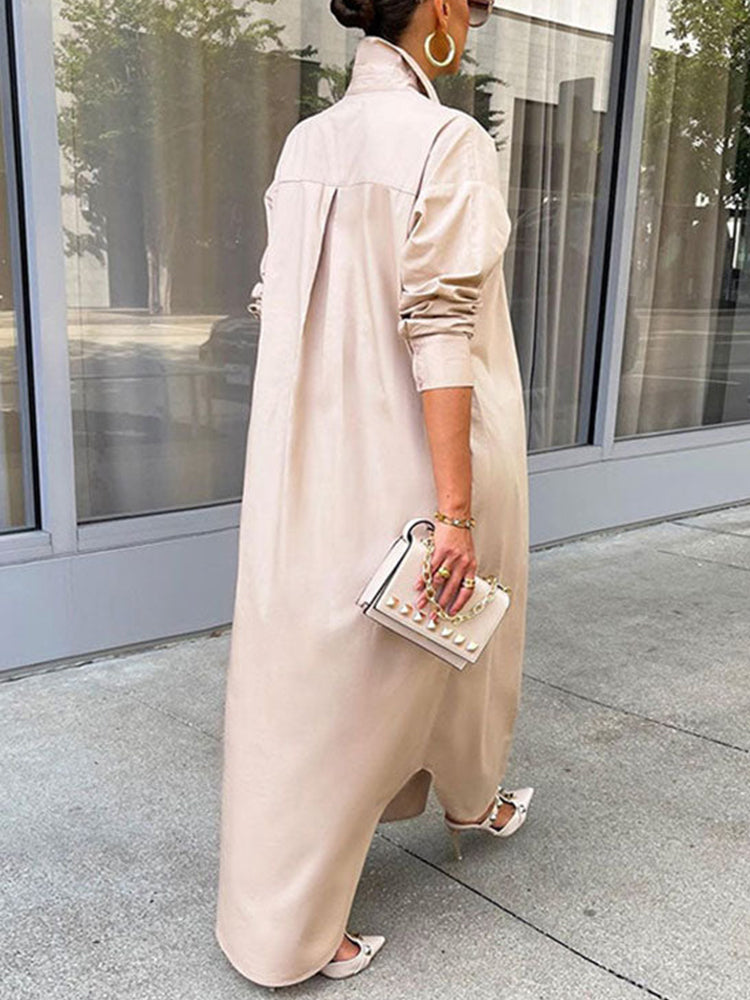 Solid Button Split Shirt Dresses